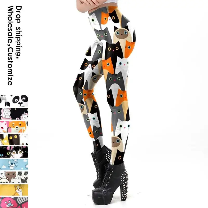 Cat Print Elastic Women Leggings