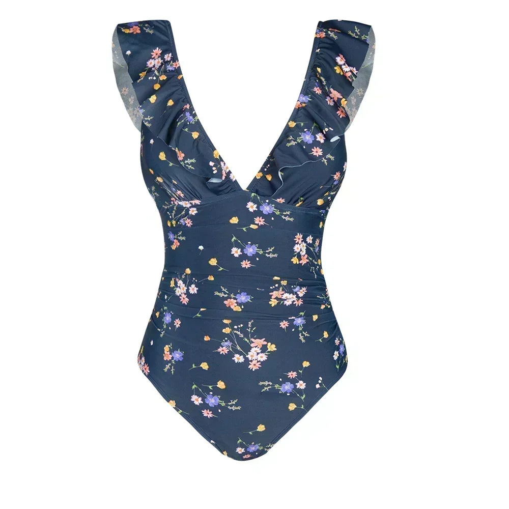 V-neck Floral One-Piece Swimsuit