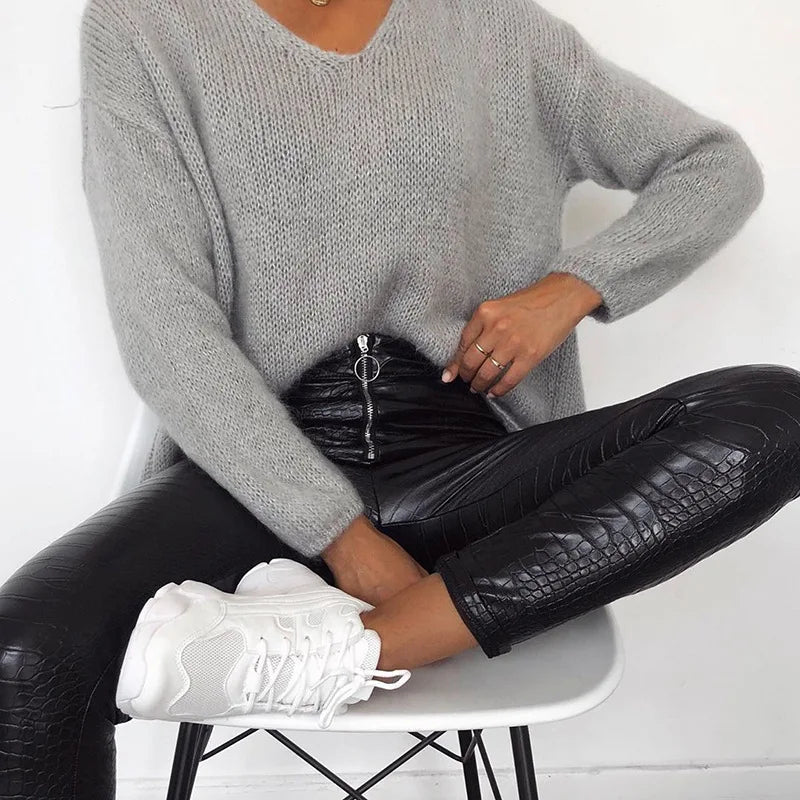High Waist Leather Leggings with Zipper