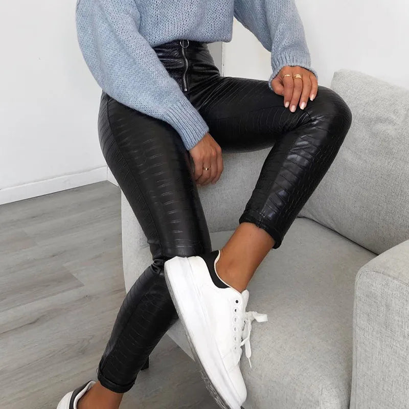 High Waist Leather Leggings with Zipper