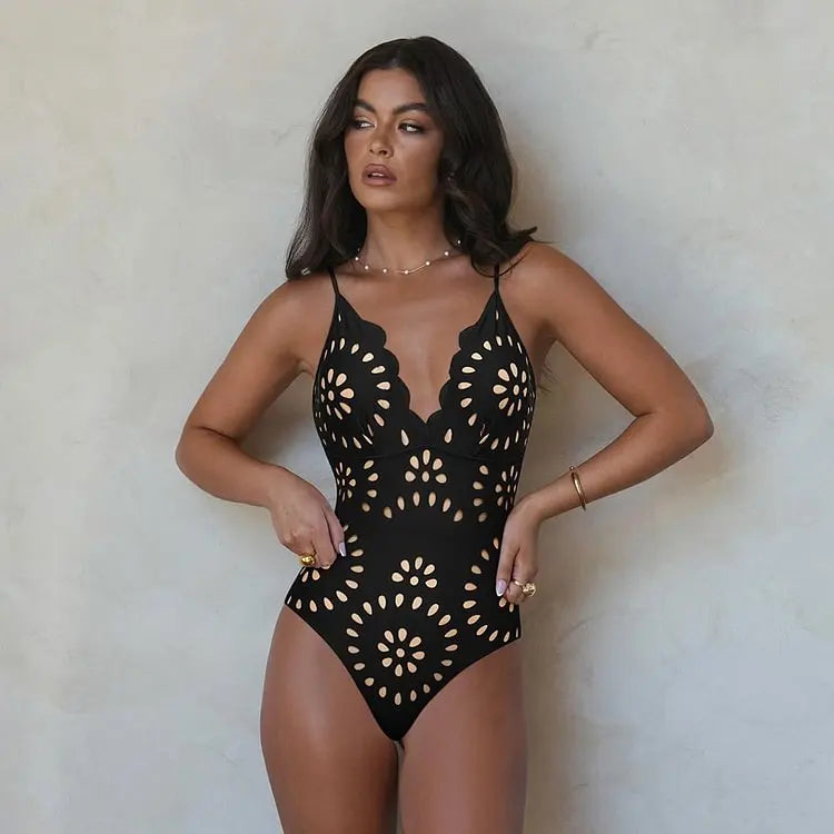 Black Laser Cut Flower Swimsuit Set