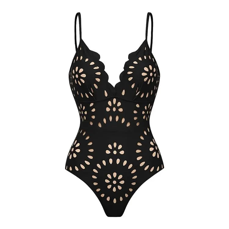 Black Laser Cut Flower Swimsuit Set