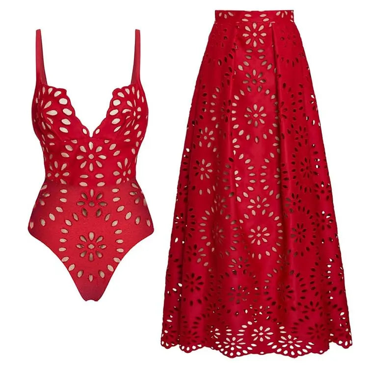 Black Laser Cut Flower Swimsuit Set