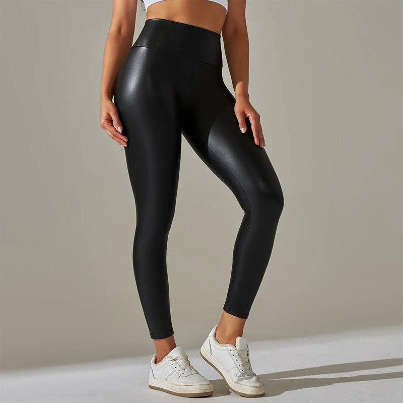 Black See-through Leather Patch Leggings