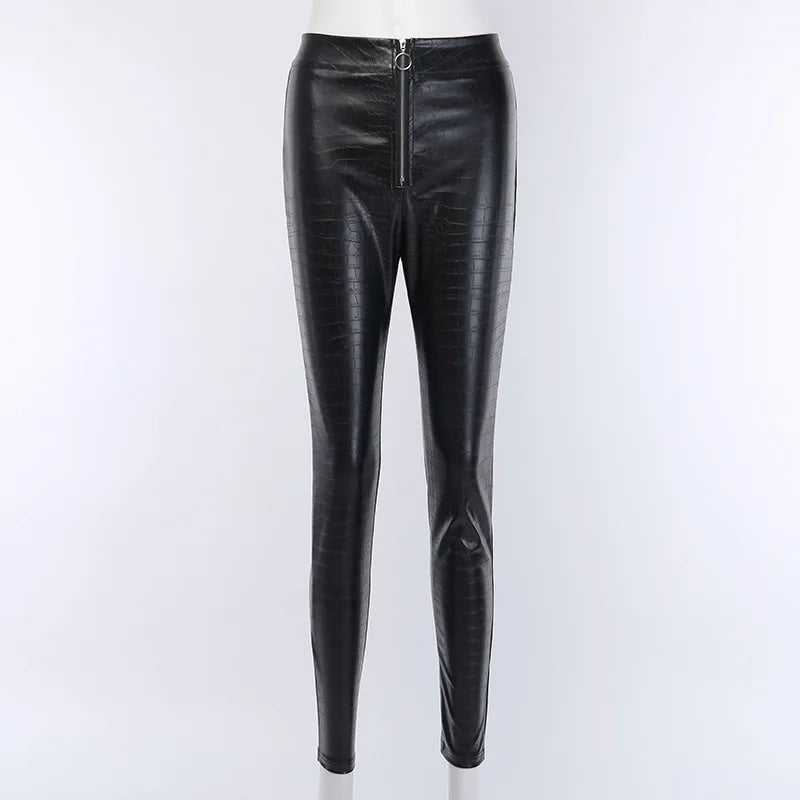 High Waist Leather Leggings with Zipper