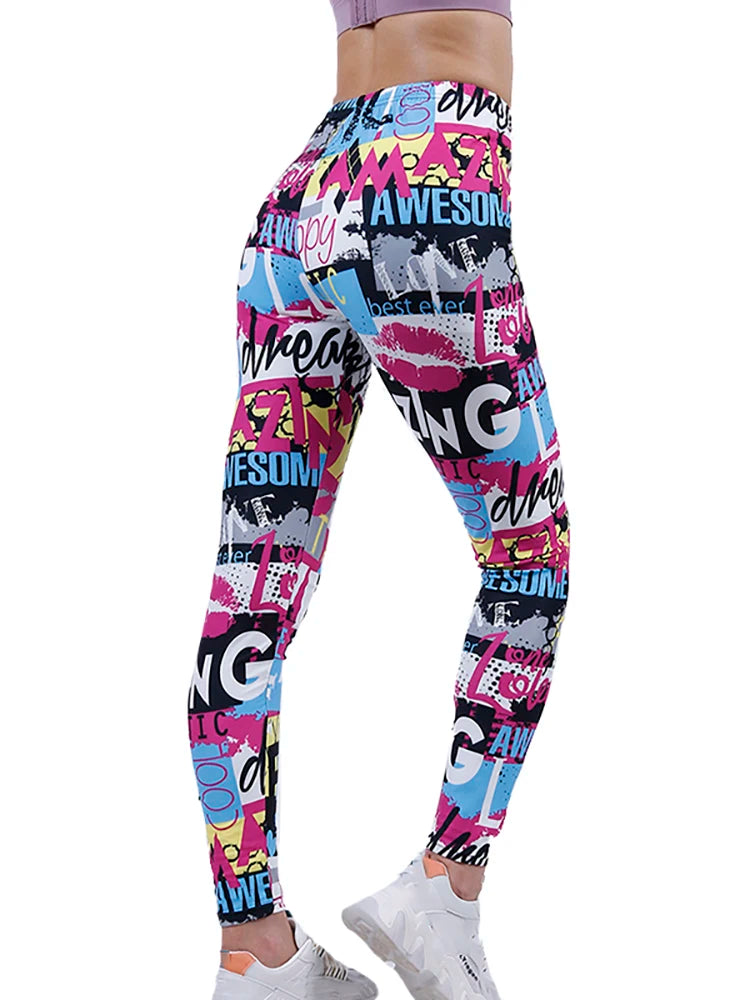 Women's Fitness Pants Elasticity Floral Stripe Grid Leggings