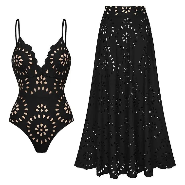 Black Laser Cut Flower Swimsuit Set