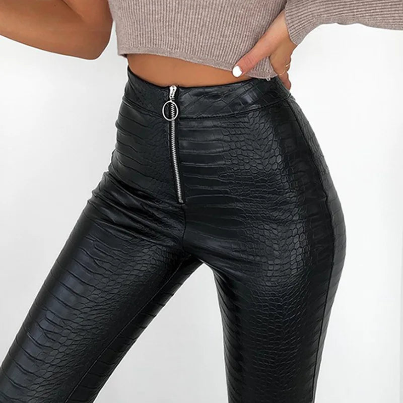 High Waist Leather Leggings with Zipper