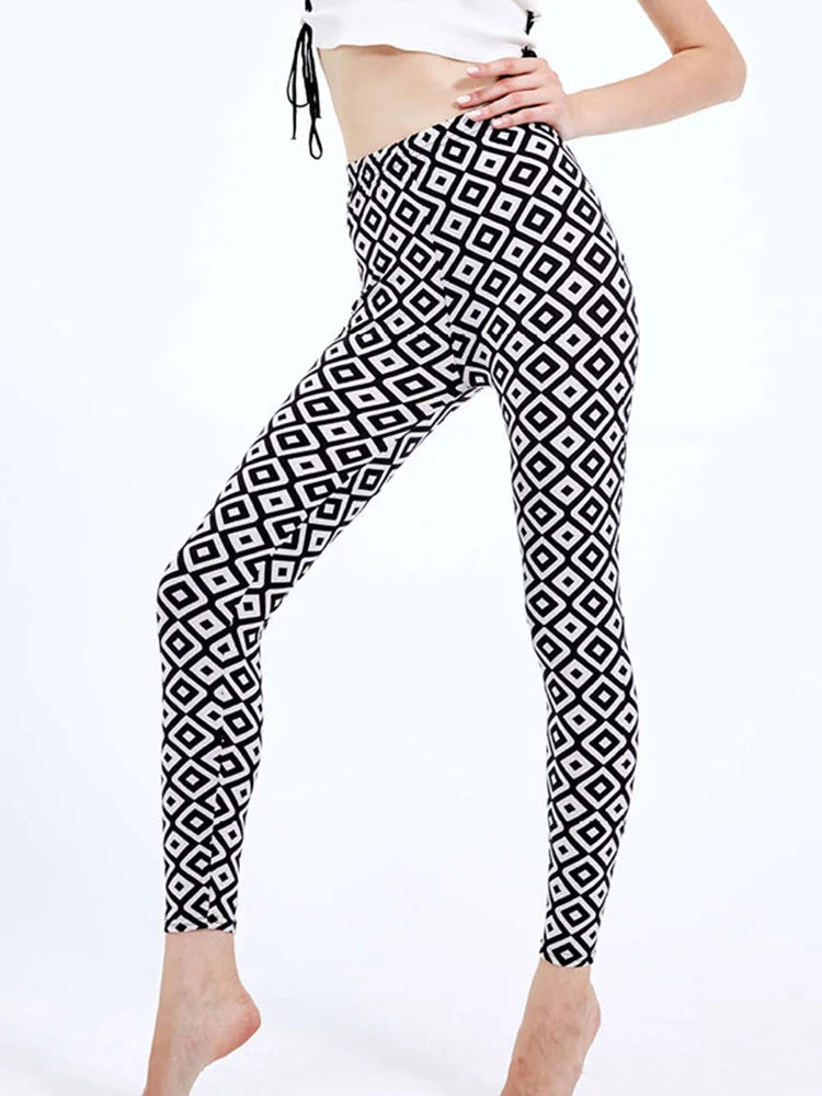 Women's Fitness Pants Elasticity Floral Stripe Grid Leggings