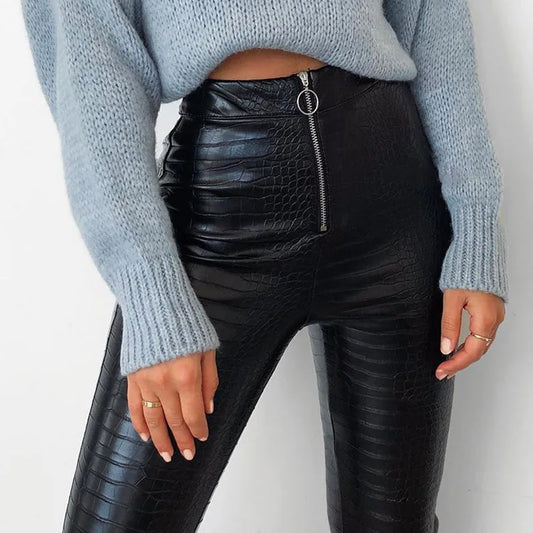 High Waist Leather Leggings with Zipper