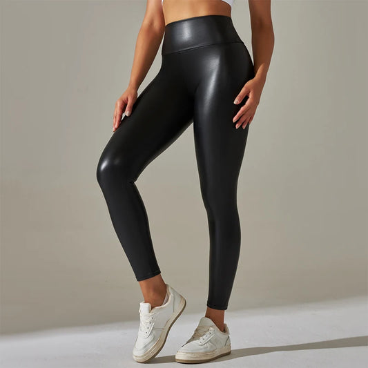 Black See-through Leather Patch Leggings